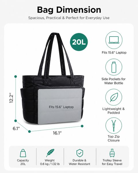 Tressential Puffer Tote Bag Shoulder Bag (Black, 20 L) - Image 3