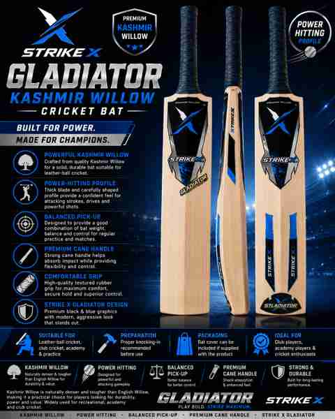 STRIKEX Gladiator Kashmir Willow Cricket Bat (900-1000g) - Image 4