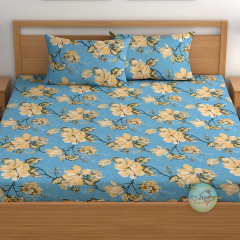 CG Homes Cotton Double Fitted (Elastic) 180 TC Floral 1 Bedsheet with 2 Pillow Covers (Sky Blue) - Image 3