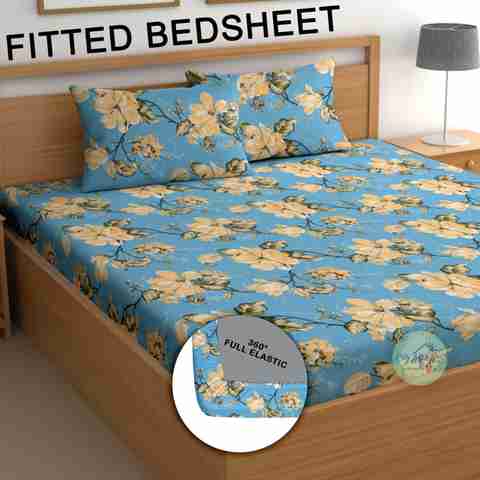 CG Homes Cotton Double Fitted (Elastic) 180 TC Floral 1 Bedsheet with 2 Pillow Covers (Sky Blue) - Image 2