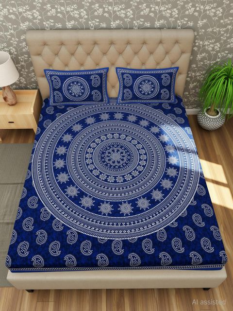 BharatLinen Cotton King Flat 144 TC Jaipuri Prints 1 Summer Bedsheet with 2 Pillow Covers (Blue) - Image 7