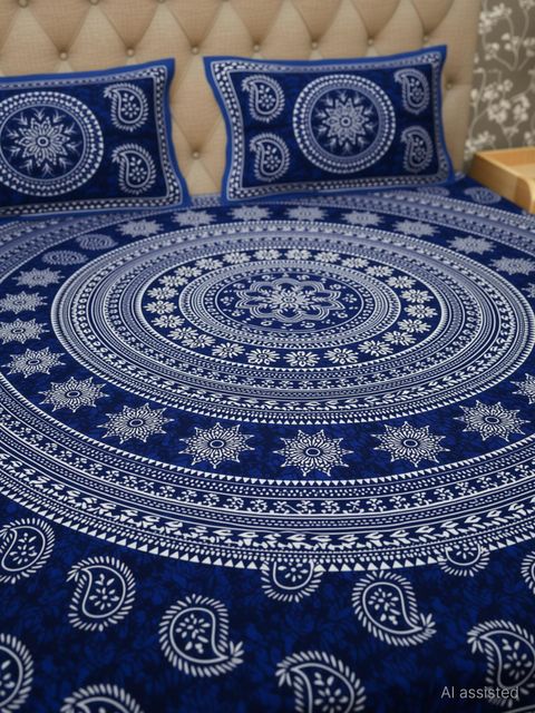 BharatLinen Cotton King Flat 144 TC Jaipuri Prints 1 Summer Bedsheet with 2 Pillow Covers (Blue) - Image 6