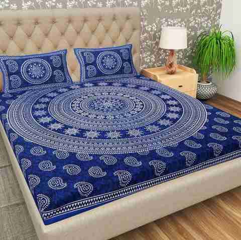 BharatLinen Cotton King Flat 144 TC Jaipuri Prints 1 Summer Bedsheet with 2 Pillow Covers (Blue) - Image 5