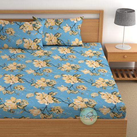 CG Homes Cotton Double Fitted (Elastic) 180 TC Floral 1 Bedsheet with 2 Pillow Covers (Sky Blue) - Image 5