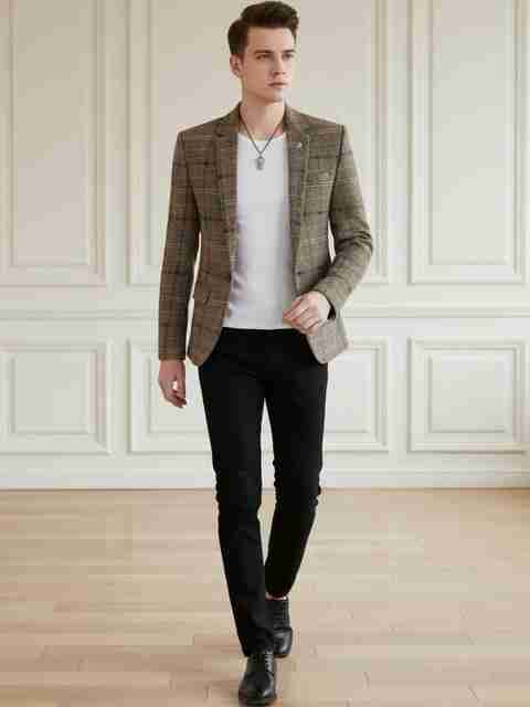 INVICTUS Men Checkered Single Breasted Formal Blazer Brown - Image 5