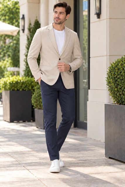 METRONAUT Men Beige Solid Wedding Blazer - Image 7