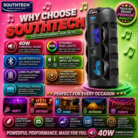 SOUTHTECH Thunder 40W Bluetooth Tower Speaker, Black - Image 6