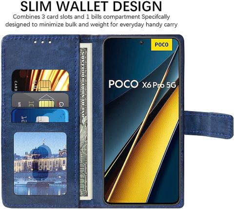 Casotec Flip Cover for Poco X6 Pro 5G, Blue Leather - Image 5