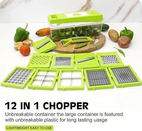 anjil Vegetable and Fruit Chopper Cutter Grater Vegetable & Fruit Slicer New 12 In 1 Vegetable & Fruit Grater & Slicer (10 BLAD, 1 CONTAINER WITH CAP, 1 PEELER) - Image 7