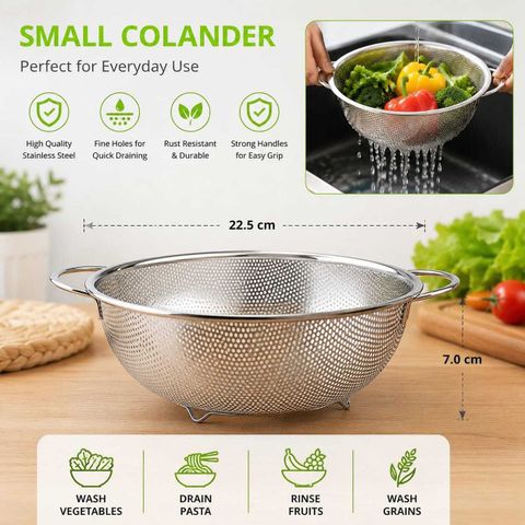 Freshome Stainless Steel Colander Fruits Vegetable Washing Rice Strainer 22.5x7cm Medium Colander (Silver Pack of 1) - Image 8