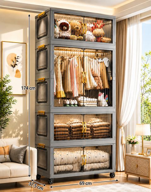 Sasimo 8-Door 4-Shelf Foldable Plastic Wardrobe, Grey - Image 6