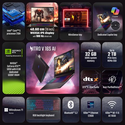 Acer NITRO V 16S (i5 14th Gen) Intel Core 5 210H - (16 GB/512 GB SSD/Windows 11 Home/8 GB Graphics/NVIDIA GeForce RTX NVIDIA GeForce RTX 5050/180 Hz) ANV16S-71 Gaming Laptop (16 Inch, Obsidian Black, 2.1 kg) - Image 6