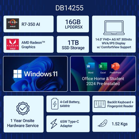 DELL 14 Microsoft Office Home 2024 AMD Ryzen AI 7 Octa Core 350 AI - (16 GB/1 TB SSD/Windows 11 Home) DB14255 Thin and Light Laptop (14 Inch, Ice Blue, 1.52 Kg, With MS Office) - Image 4