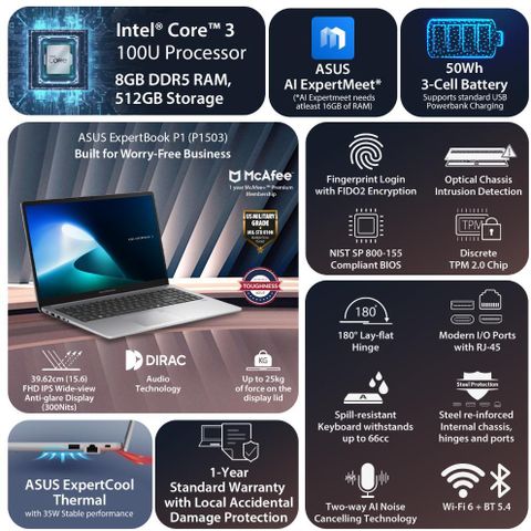 ASUS ExpertBook P1 with 1 Yr ADP (i3 14th Gen) Intel Core 3 100U - (8 GB/512 GB SSD/Windows 11 Home) P1503CVAI-S70005WS Thin and Light Laptop (15.6 inch, Misty Grey, 1.66 Kg, With MS Office) - Image 6