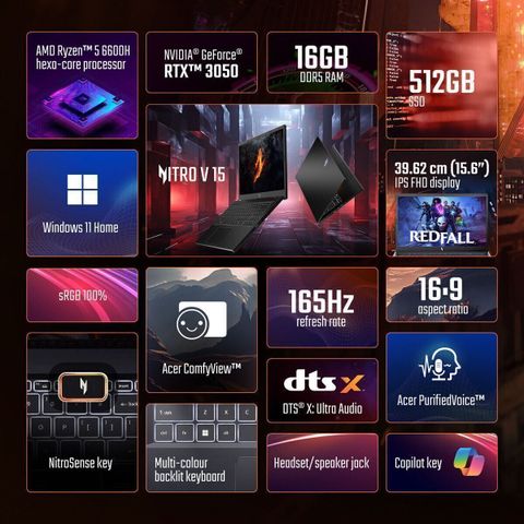 Acer Nitro V AMD Ryzen 5 Hexa Core 6600H - (16 GB/512 GB SSD/Windows 11 Home/6 GB Graphics/NVIDIA GeForce RTX 3050) ANV15-41-R8G0 Gaming Laptop (15.6 inch, Obsidian Black, 2.1 Kg) - Image 6
