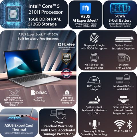 ASUS ExpertBook P1 with 1 Yr ADP (i5 14th Gen) Intel Core 5 210H - (16 GB/512 GB SSD/Windows 11 Home) P1503CVA-S72222WS / P1503CVAYB-S73386WS Thin and Light Laptop (15.6 Inch, Misty Grey, 1.66 Kg, With MS Office) - Image 6