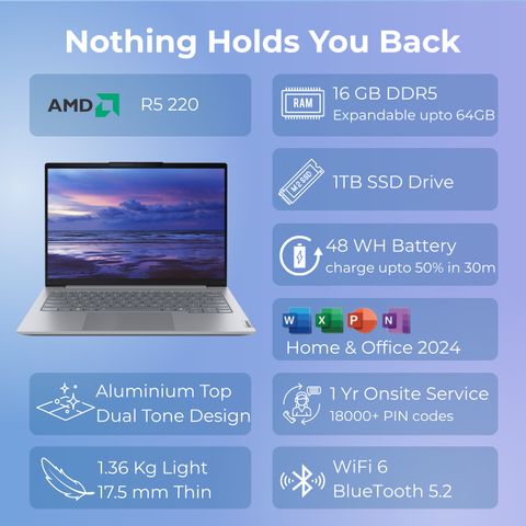 Lenovo Ryzen 5 220 AMD Ryzen 5 Hexa Core 220 - (16 GB/1 TB SSD/Windows 11 Home) 21V0A01SIG Laptop (14 inch, Arctic Grey, 1.36 kg, With MS Office) - Image 4
