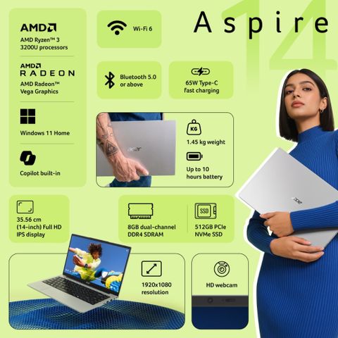 Acer Aspire 14 Ryzen 3 3200U 8GB 512GB SSD Windows 11 Silver - Image 6