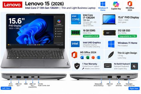 Lenovo V 15 (2026) DDR5 5600Mhz Intel Core i7 13th Gen 13620H - (16 GB/512 GB SSD/Windows 11 Home) V 15 - Copilot Key Thin and Light Laptop (15.6 inch, Luna Grey, 1.5 kg, With MS Office) - Image 3