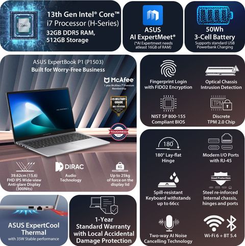 ASUS Expertbook P1 High-performance processor Intel Core i7 13th Gen 13620H - (32 GB/512 GB SSD/Windows 11 Home) P1503CVA-S71076WS Thin and Light Laptop (15.6 inch, Misty Grey, 1.65 kg, With MS Office) - Image 6