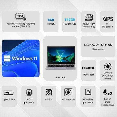 Acer One Intel Core i3 11th Gen 1115G4 - (8 GB/512 GB SSD/Windows 11 Home) AO 14 Z 8-415 Thin and Light Laptop (14 Inch, Silver, 1.49 Kg) - Image 4
