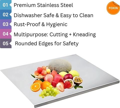 Foxin Stainless Steel Chopping Board | Large 35x30cm Cutting & Kneading Surface Stainless Steel Cutting Board (Silver Pack of 1 Dishwasher Safe) - Image 6