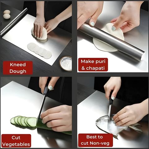Foxin Stainless Steel Chopping Board | Large 35x30cm Cutting & Kneading Surface Stainless Steel Cutting Board (Silver Pack of 1 Dishwasher Safe) - Image 5