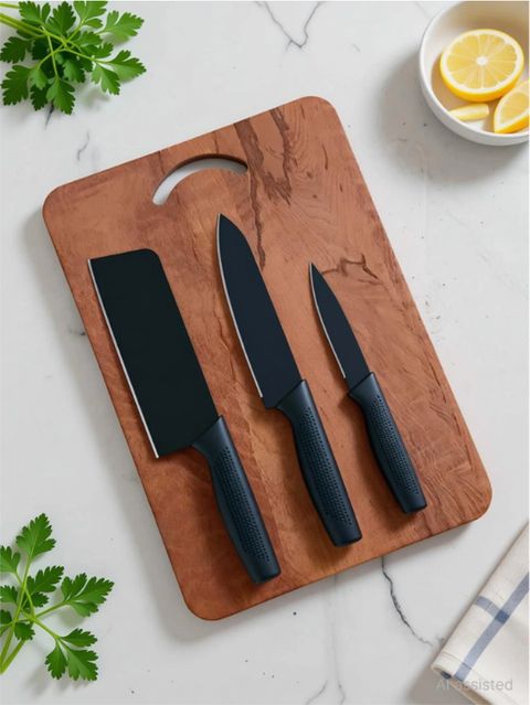 Earth Chopping Board With 3 Pic Knife Set Stainless Stee Wooden Cutting Board (Brown Pack of 1 Dishwasher Safe) - Image 8