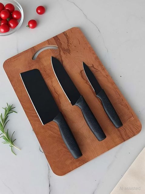 Earth Chopping Board With 3 Pic Knife Set Stainless Stee Wooden Cutting Board (Brown Pack of 1 Dishwasher Safe) - Image 6
