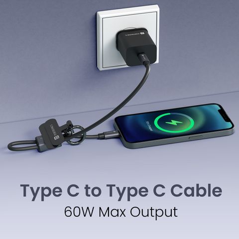 Portronics Type C 3 A 1 m 60W Velin Type C to Type C Fast Charging Cable, Cable Organizer Strap, Keychain (Compatible with Smartphones, Laptops, Powerbanks, Black, One Cable, USB Type C To USB Type C) - Image 7