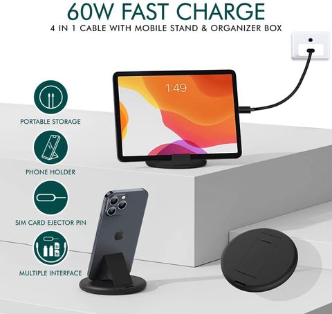 Uborn All In One Data cable set with mobile holder 60w multifunction fast charging Universal Smart Adapter Card Storage Box, Compatible with Multiple Devices. USB Cable (Black) - Image 7