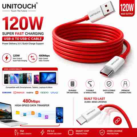 Unitouch 120W USB-A to USB-C Cable 1m Red - Image 5
