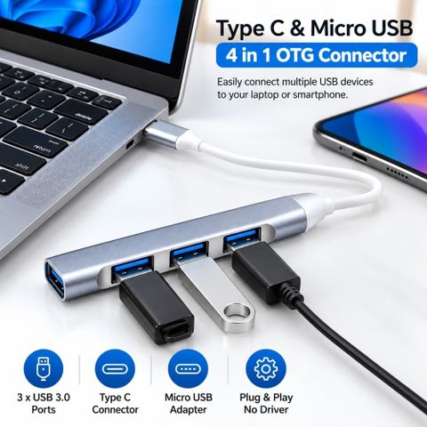 AGInfoMart AGUH12 Type C & Micro USB 4 in 1 OTG Connector Docking station (Silver) - Image 3