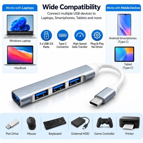 AGInfoMart AGUH12 Type C & Micro USB 4 in 1 OTG Connector Docking station (Silver) - Image 4