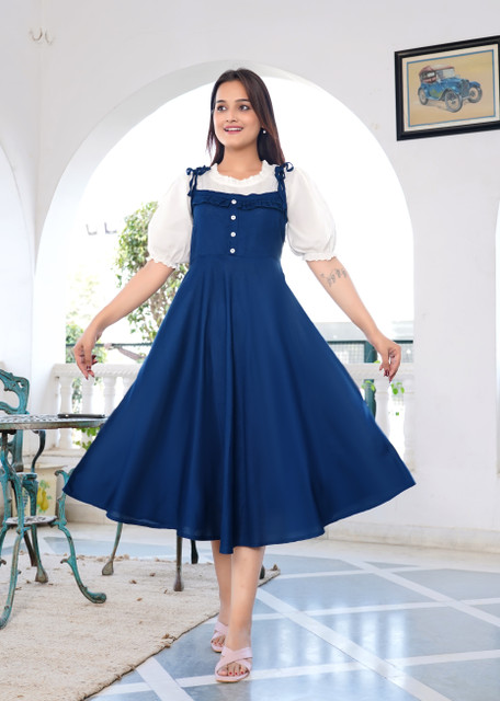 knee length dungaree dress Fashionmils Women Blue custom-label0:sale