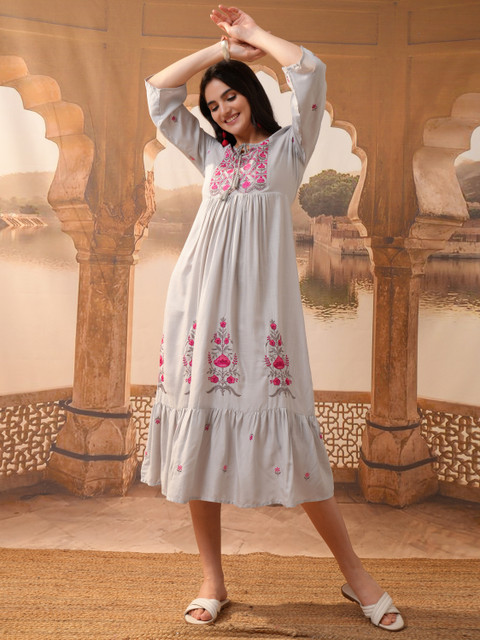flipkart ladies dress Vishudh Women Gathered Grey Midi/Calf Length New Red