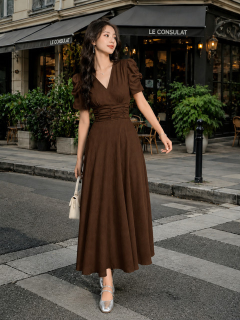 a line dress below knee METRONAUT Women A-line Brown Blue Off-the-Shoulder Backless Maxi Liquid Metallic Size:5XL Slim fit