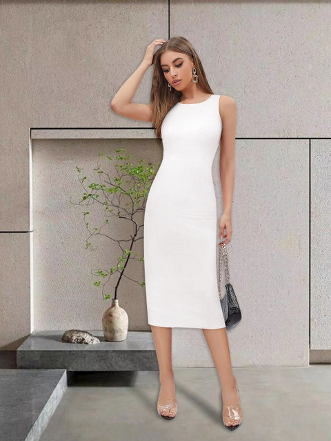 bodycon dress in white Deep Plunge Ruched Front Mini Slinky | EGO US Stretchy and figure Front Slit Bodycon Knit Dress