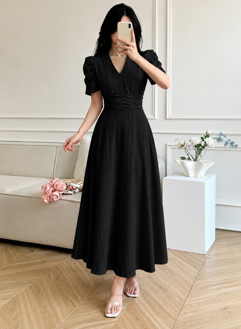 Fabflee Women Fit and Flare Black Ankle Length Dress