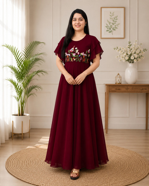 JENKRA Women Fit and Flare Maroon Maxi/Full Length Dress