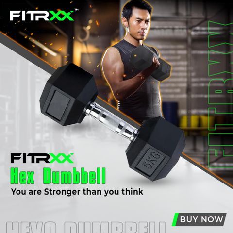 FITRXX à°«à°¿à°à±RXX HEXA |STEEL IRON RUBBER COATED DUMBBELL| FULL BODY WORKOUT (Set of 2) à°«à°¿à°à±à°¸à±à°¡à± à°µà±à°¯à°¿à°à± à°¡à°à°¬à±à°²à± (5 kg) - Image 6