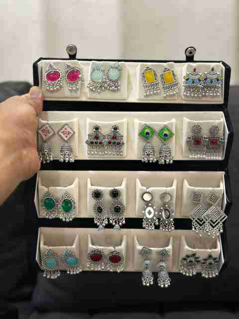 Antico 16 Pair Jaipuri Silver Oxidised Jhumki Earrings with Velvet box for Women. Diamond, Pearl, Beads Brass, Alloy Stud Earring, Drops & Danglers, Jhumki Earring - Image 5