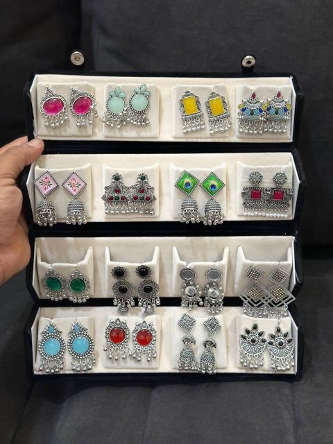 Antico 16 Pair Jaipuri Silver Oxidised Jhumki Earrings with Velvet box for Women. Diamond, Pearl, Beads Brass, Alloy Stud Earring, Drops & Danglers, Jhumki Earring - Image 8