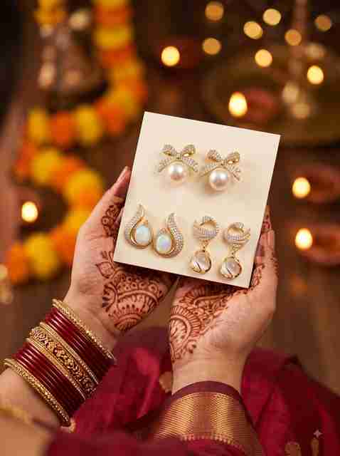 ARK JEWEL Trendy Korean Earrings Combo of 3 Pearl Alloy Cuff Earring, Drops & Danglers, Earring Set, Hoop Earring, Stud Earring, Rhinestone Studs - Image 5