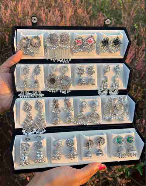 Sihn Rakhi Gift for Sister | 16 Pairs Oxidised Silver Alloy Jhumki Earring - Image 5