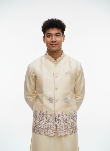 click n buy Men Jacquard Kurta Pant Ethnic Jacket Set - Image 6