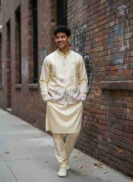 click n buy Men Jacquard Kurta Pant Ethnic Jacket Set - Image 5