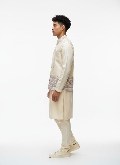 click n buy Men Jacquard Kurta Pant Ethnic Jacket Set - Image 7