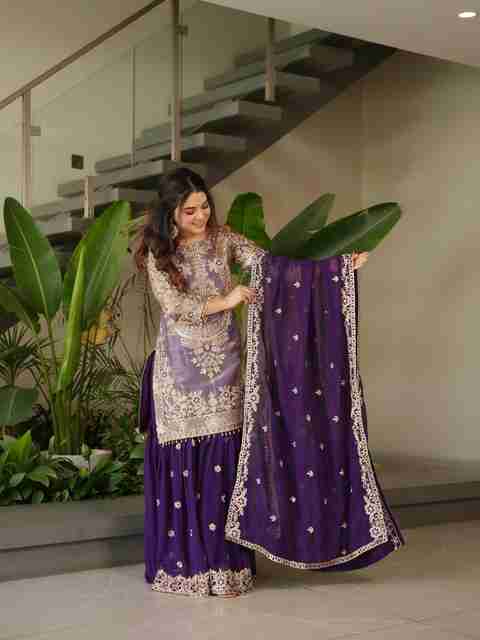 Trijal Fab Women Pure Silk Kurta Sharara Dupatta Set - Image 3