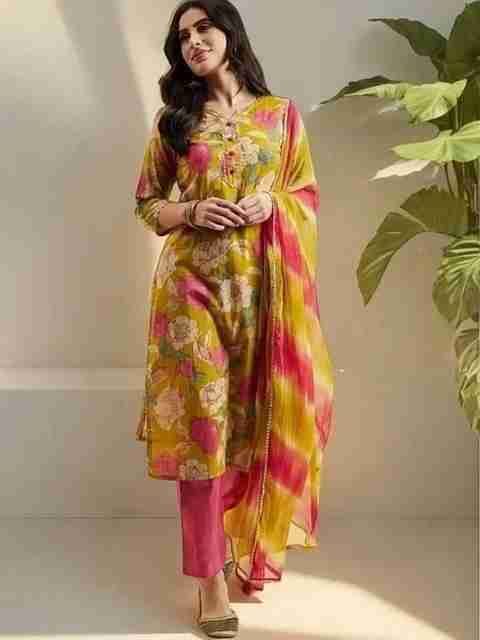 FABUNNA COTTON Women Viscose Rayon Kurta Pant Dupatta Set - Image 3
